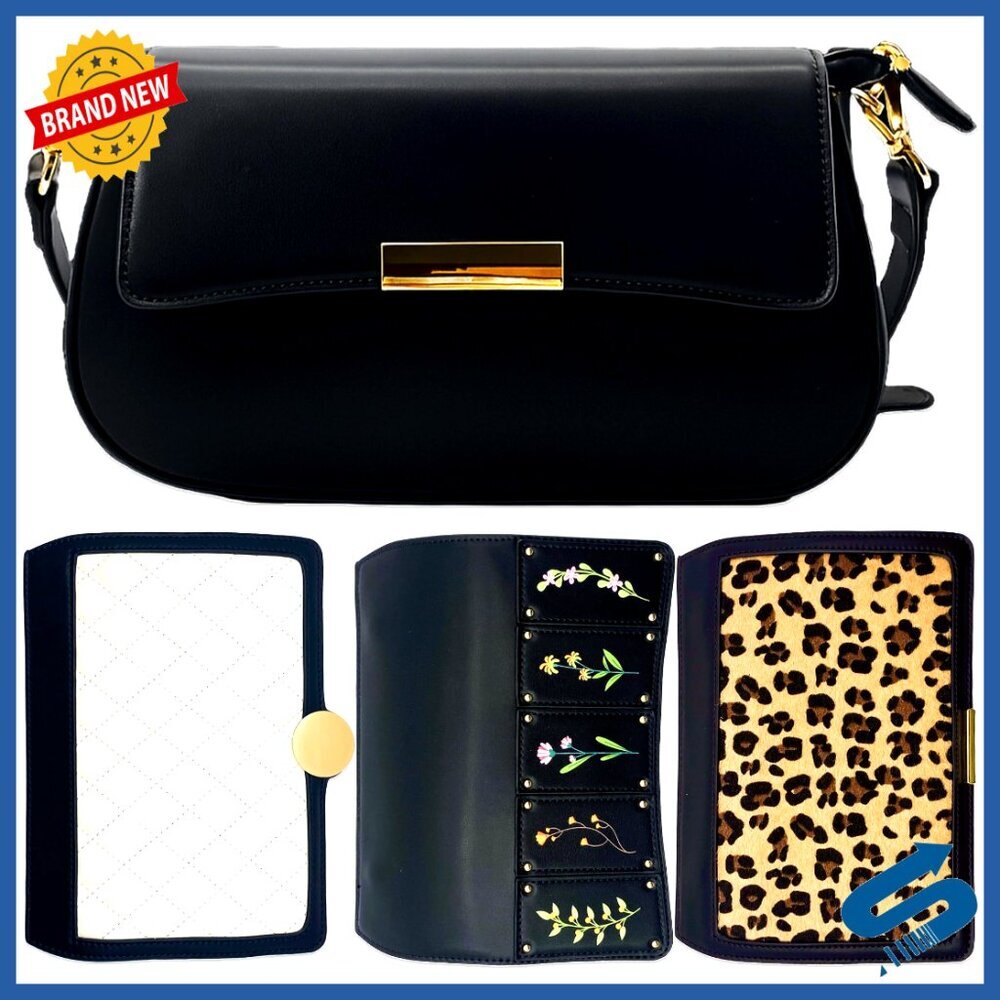 Faux Leather Crossbody Handbag with 4 Interchangeable Flaps